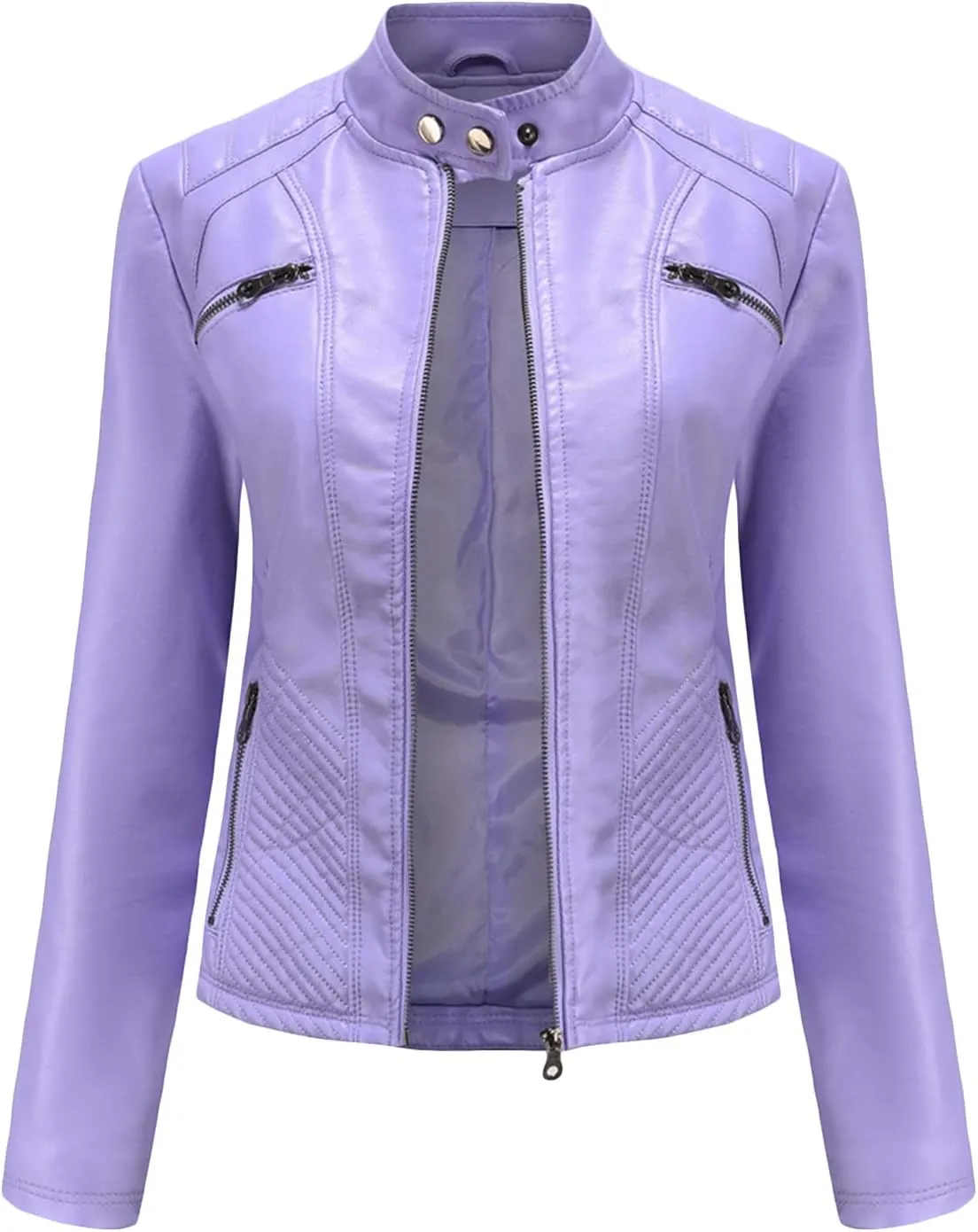 BOFETA Womens Faux Leather Long Sleeve Jackets Quilted Moto Outwear Slim Lapel Coats
