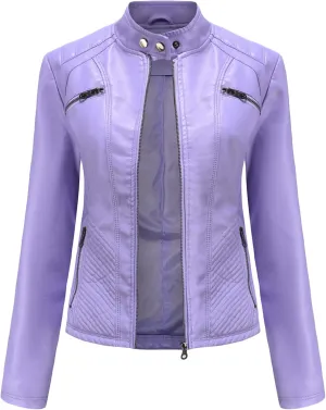BOFETA Womens Faux Leather Long Sleeve Jackets Quilted Moto Outwear Slim Lapel Coats