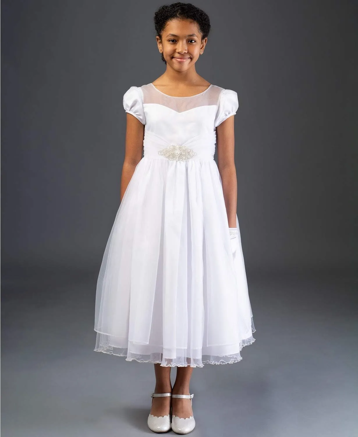 Bonnie Jean Girl's First Communion Dress with Jewel Accent, Short Sleeve
