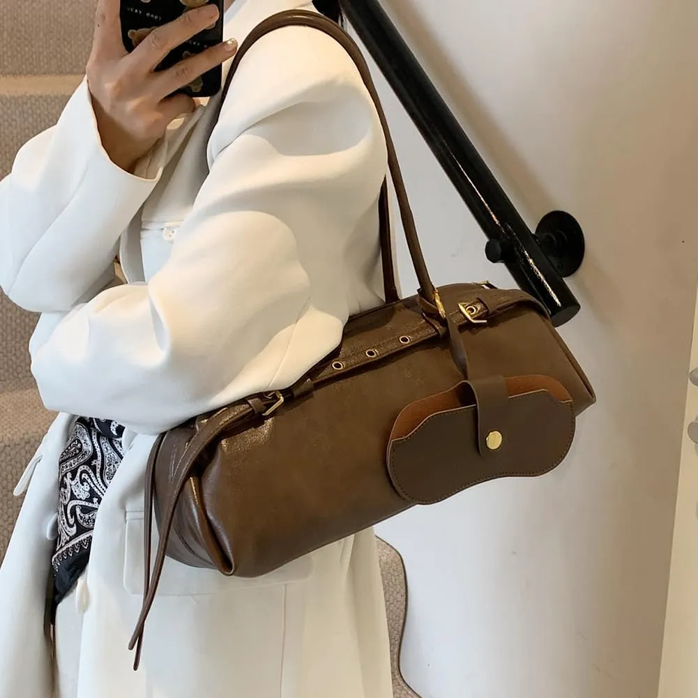 Boston Shoulder Bags for Women PU Leather Tote Bag Casual Bowling Bag Purse Retro Underarm Bag