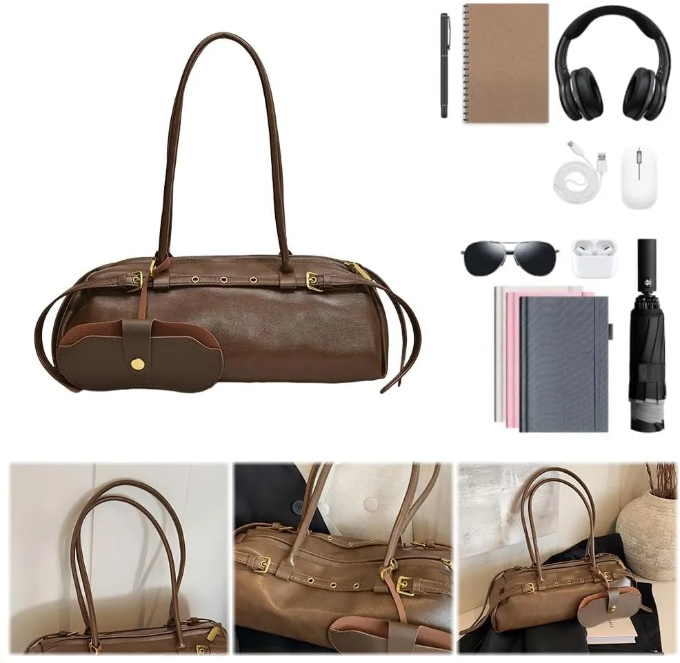 Boston Shoulder Bags for Women PU Leather Tote Bag Casual Bowling Bag Purse Retro Underarm Bag