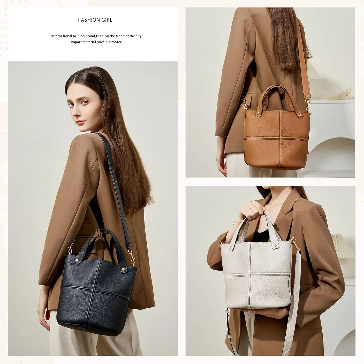 Bucket Bags for Women, Genuine Leather Tote Top Handbags, Crossbody Bags with a Strap