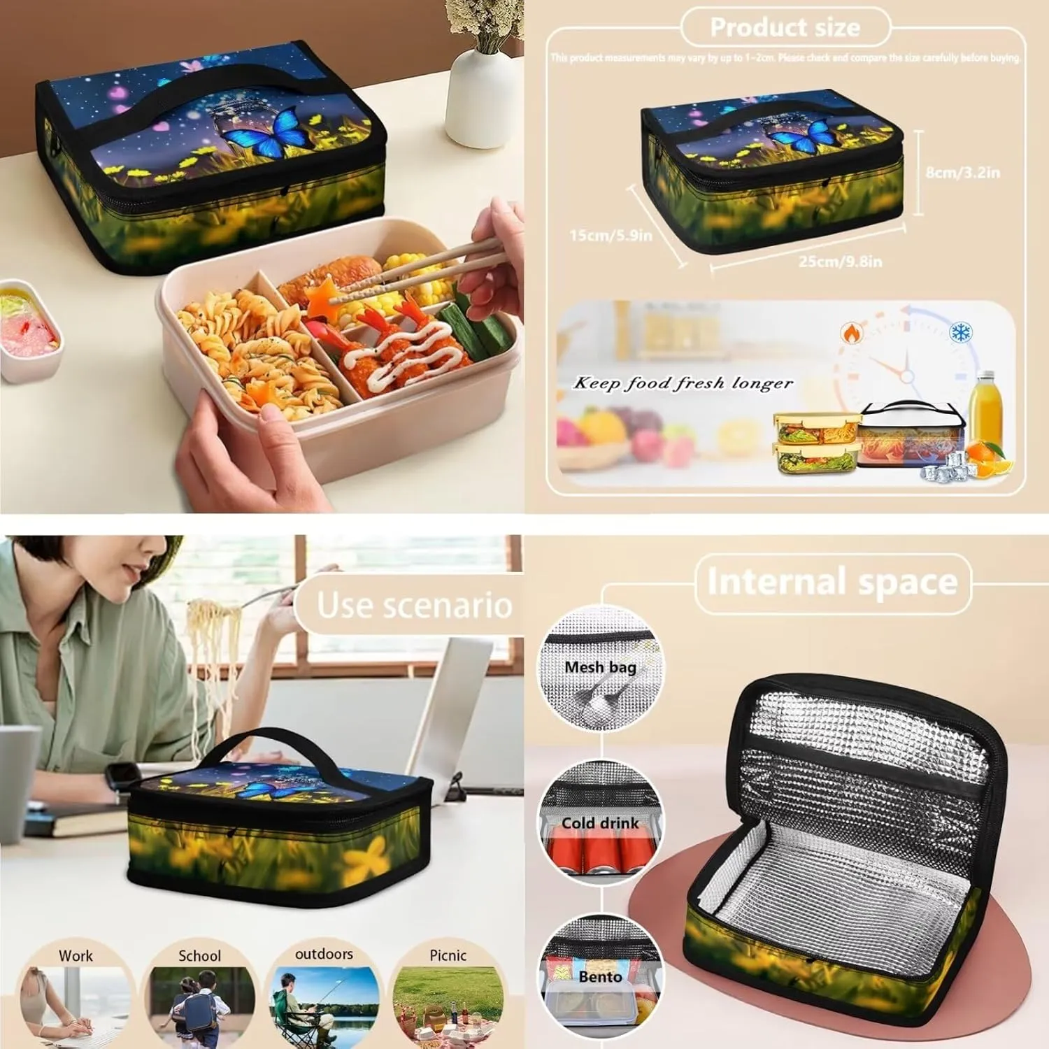 Butterfly Backpack Lunchbox Set for Kids Age10-12 Years Old Floral Print Waterproof Leakproof Lunch Bag Multi-Pockets School Bag Small Pencil Case for Secondary Schools