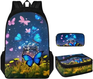Butterfly Backpack Lunchbox Set for Kids Age10-12 Years Old Floral Print Waterproof Leakproof Lunch Bag Multi-Pockets School Bag Small Pencil Case for Secondary Schools