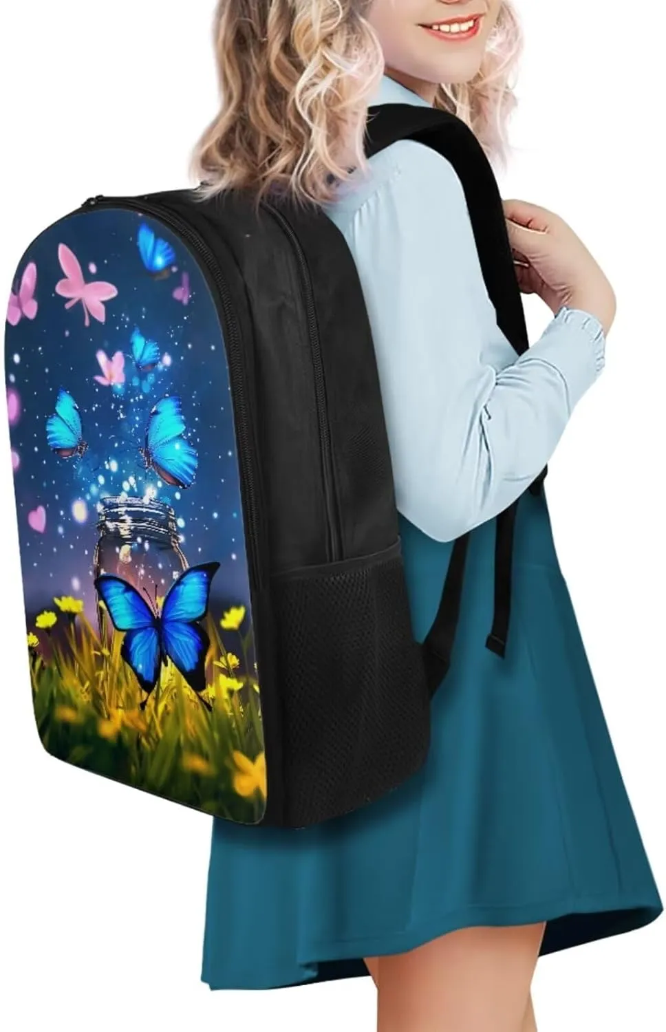 Butterfly Backpack Lunchbox Set for Kids Age10-12 Years Old Floral Print Waterproof Leakproof Lunch Bag Multi-Pockets School Bag Small Pencil Case for Secondary Schools