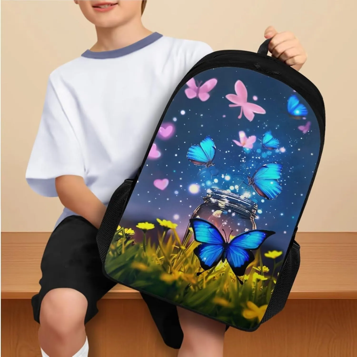 Butterfly Backpack Lunchbox Set for Kids Age10-12 Years Old Floral Print Waterproof Leakproof Lunch Bag Multi-Pockets School Bag Small Pencil Case for Secondary Schools