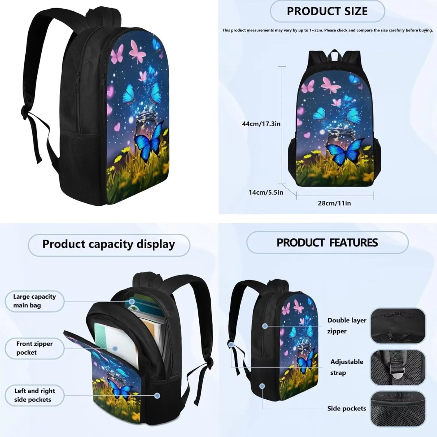 Butterfly Backpack Lunchbox Set for Kids Age10-12 Years Old Floral Print Waterproof Leakproof Lunch Bag Multi-Pockets School Bag Small Pencil Case for Secondary Schools
