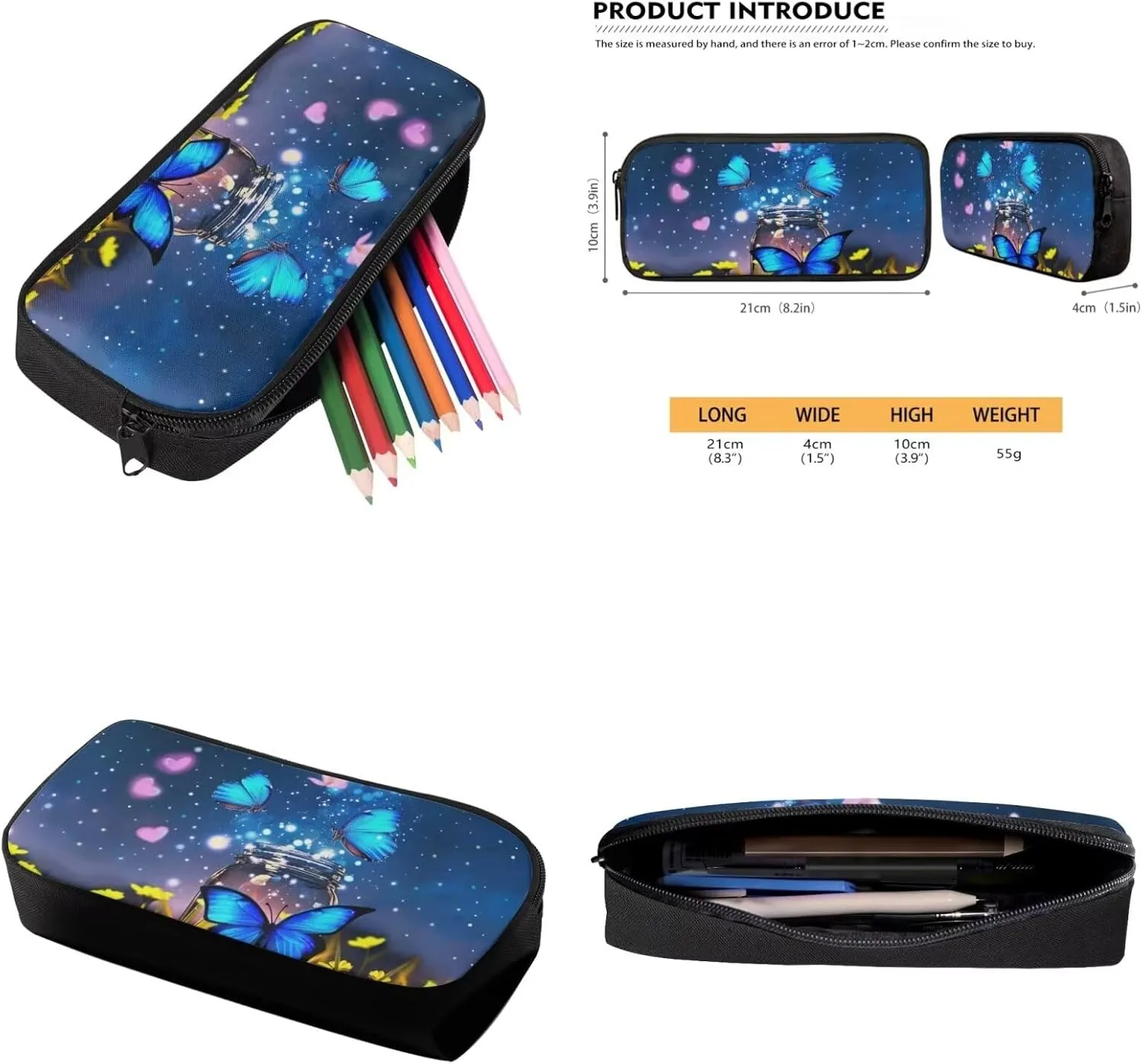 Butterfly Backpack Lunchbox Set for Kids Age10-12 Years Old Floral Print Waterproof Leakproof Lunch Bag Multi-Pockets School Bag Small Pencil Case for Secondary Schools