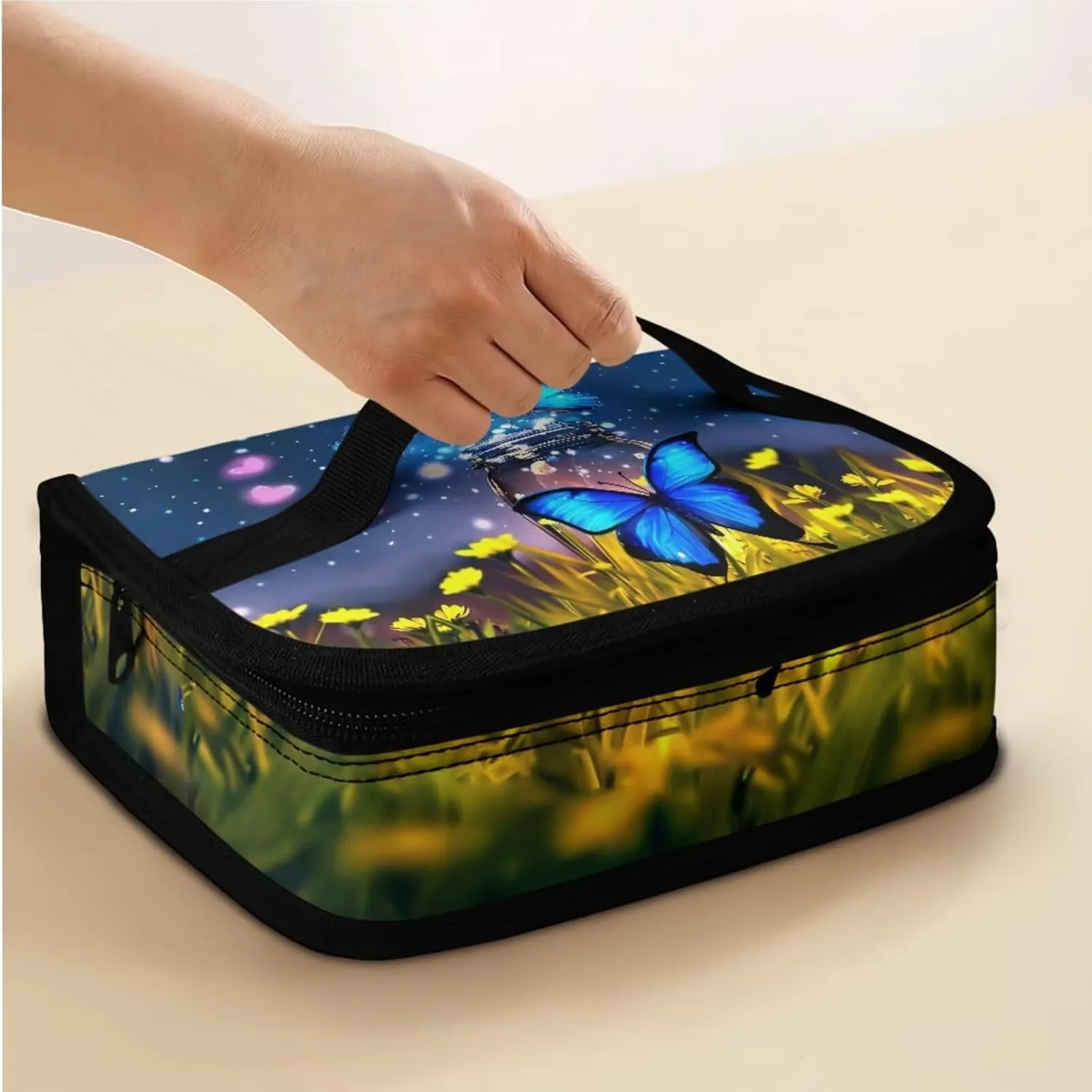 Butterfly Backpack Lunchbox Set for Kids Age10-12 Years Old Floral Print Waterproof Leakproof Lunch Bag Multi-Pockets School Bag Small Pencil Case for Secondary Schools
