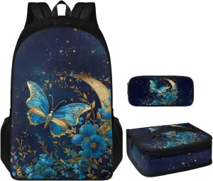 Butterfly Print 3 Piece Backpack Set for Girls 3rd Grade 17 inch Shoulder Bag for School Teens Removable Strap Freezable Lunch Bag for Secondary Schools Junior Middle School