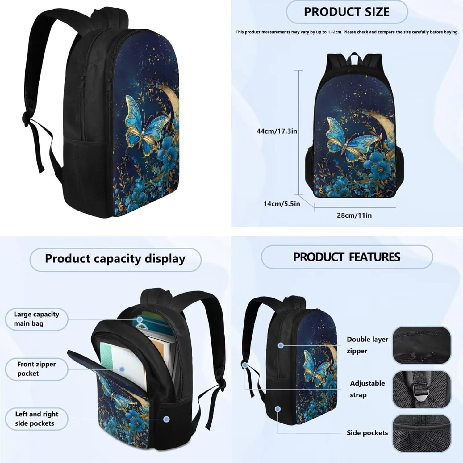 Butterfly Print 3 Piece Backpack Set for Girls 3rd Grade 17 inch Shoulder Bag for School Teens Removable Strap Freezable Lunch Bag for Secondary Schools Junior Middle School