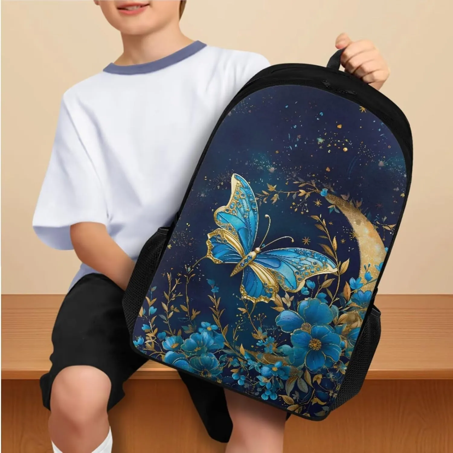 Butterfly Print 3 Piece Backpack Set for Girls 3rd Grade 17 inch Shoulder Bag for School Teens Removable Strap Freezable Lunch Bag for Secondary Schools Junior Middle School