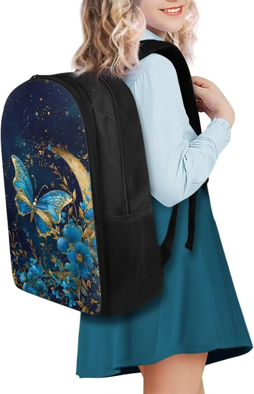 Butterfly Print 3 Piece Backpack Set for Girls 3rd Grade 17 inch Shoulder Bag for School Teens Removable Strap Freezable Lunch Bag for Secondary Schools Junior Middle School