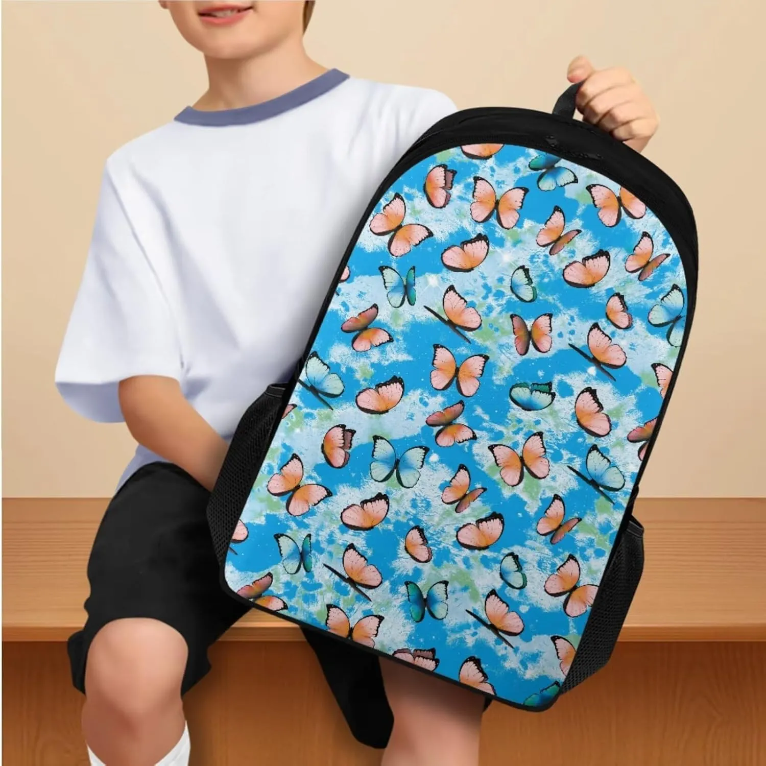 Butterfly Print Backpack and Lunch Box Set Boys 5-12 Years 17 Inch Multi-Pockets Backpack Accessories 3 in 1 Lightweight Kids School Bag for Secondary Schools Picnic
