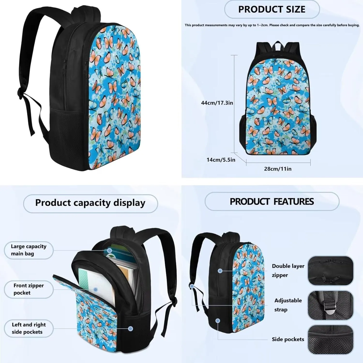 Butterfly Print Backpack and Lunch Box Set Boys 5-12 Years 17 Inch Multi-Pockets Backpack Accessories 3 in 1 Lightweight Kids School Bag for Secondary Schools Picnic