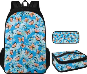 Butterfly Print Backpack and Lunch Box Set Boys 5-12 Years 17 Inch Multi-Pockets Backpack Accessories 3 in 1 Lightweight Kids School Bag for Secondary Schools Picnic