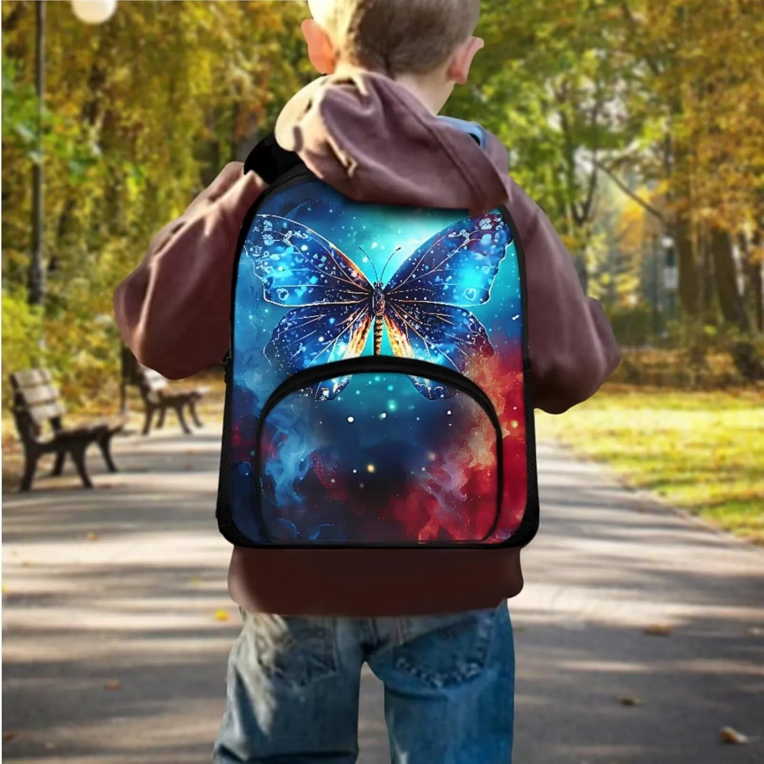 Butterfly Print Kids Backpack Set for Girls 4-8 Backpack for School Large Capacity Rucksack with Thermal Meal Bag Mini Pen Case, Back to School Gifts