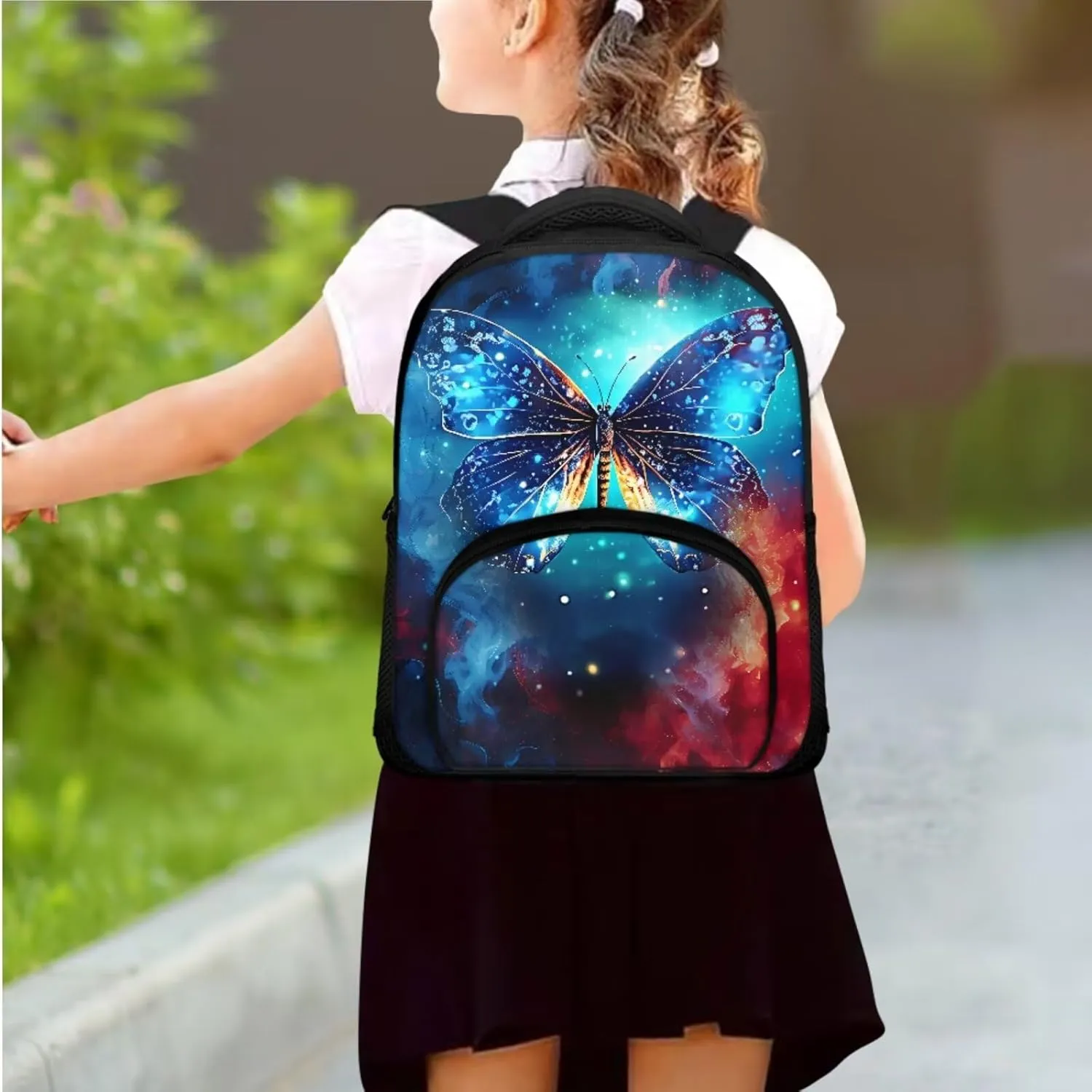 Butterfly Print Kids Backpack Set for Girls 4-8 Backpack for School Large Capacity Rucksack with Thermal Meal Bag Mini Pen Case, Back to School Gifts