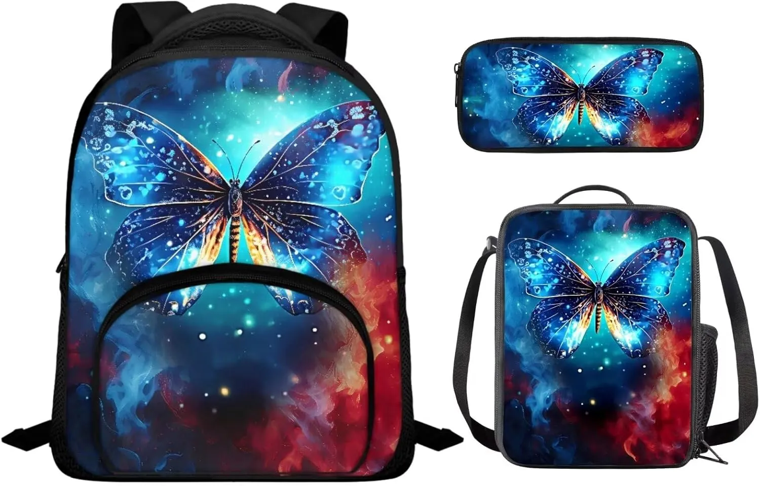 Butterfly Print Kids Backpack Set for Girls 4-8 Backpack for School Large Capacity Rucksack with Thermal Meal Bag Mini Pen Case, Back to School Gifts