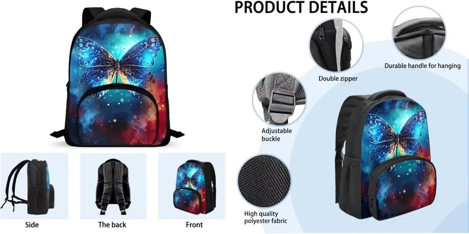 Butterfly Print Kids Backpack Set for Girls 4-8 Backpack for School Large Capacity Rucksack with Thermal Meal Bag Mini Pen Case, Back to School Gifts
