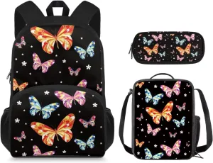 Butterfly Print School Backpack for Girls 8-10 Kids Backpack Set for Boys Lagre Rucksack with Foldable Reusable Lunch Bag Small Pen Case for Secondary Schools