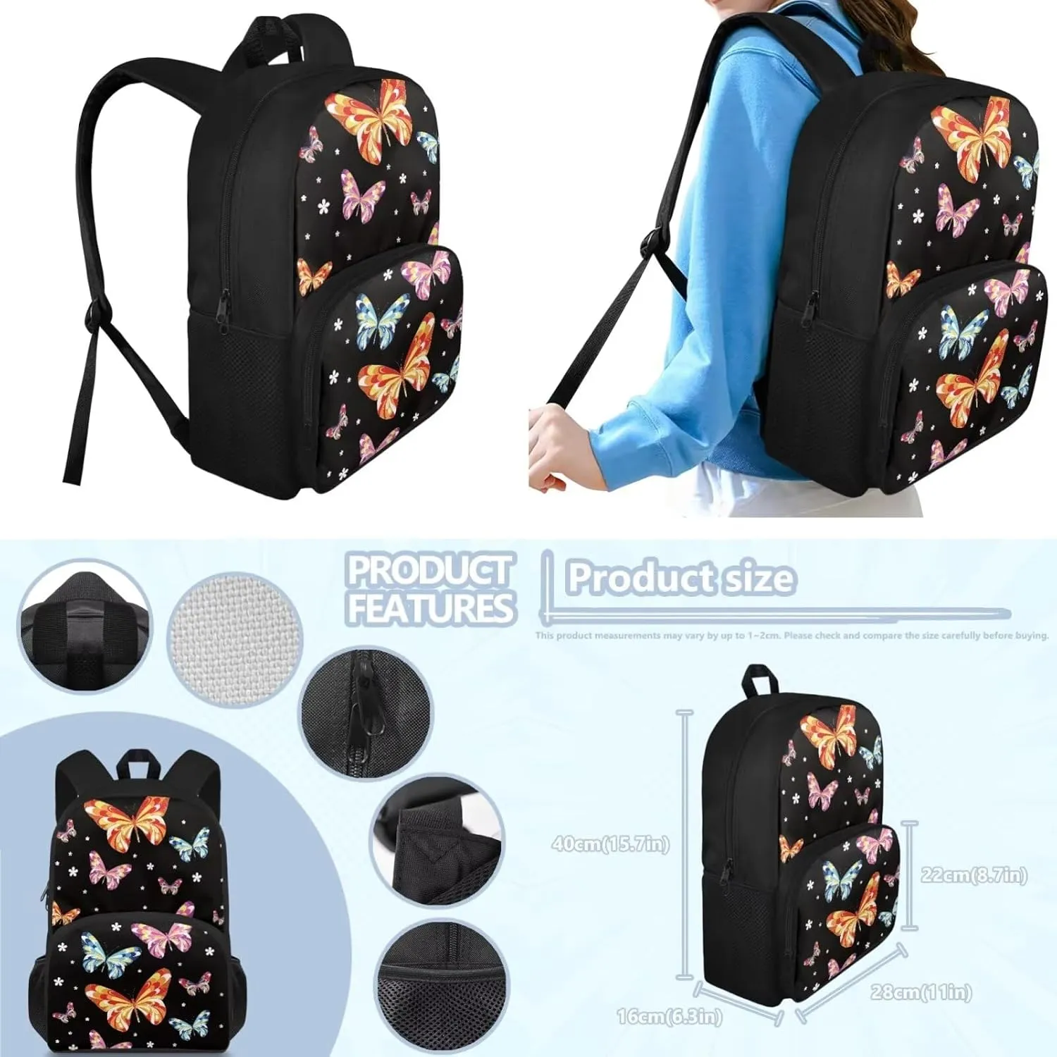 Butterfly Print School Backpack for Girls 8-10 Kids Backpack Set for Boys Lagre Rucksack with Foldable Reusable Lunch Bag Small Pen Case for Secondary Schools