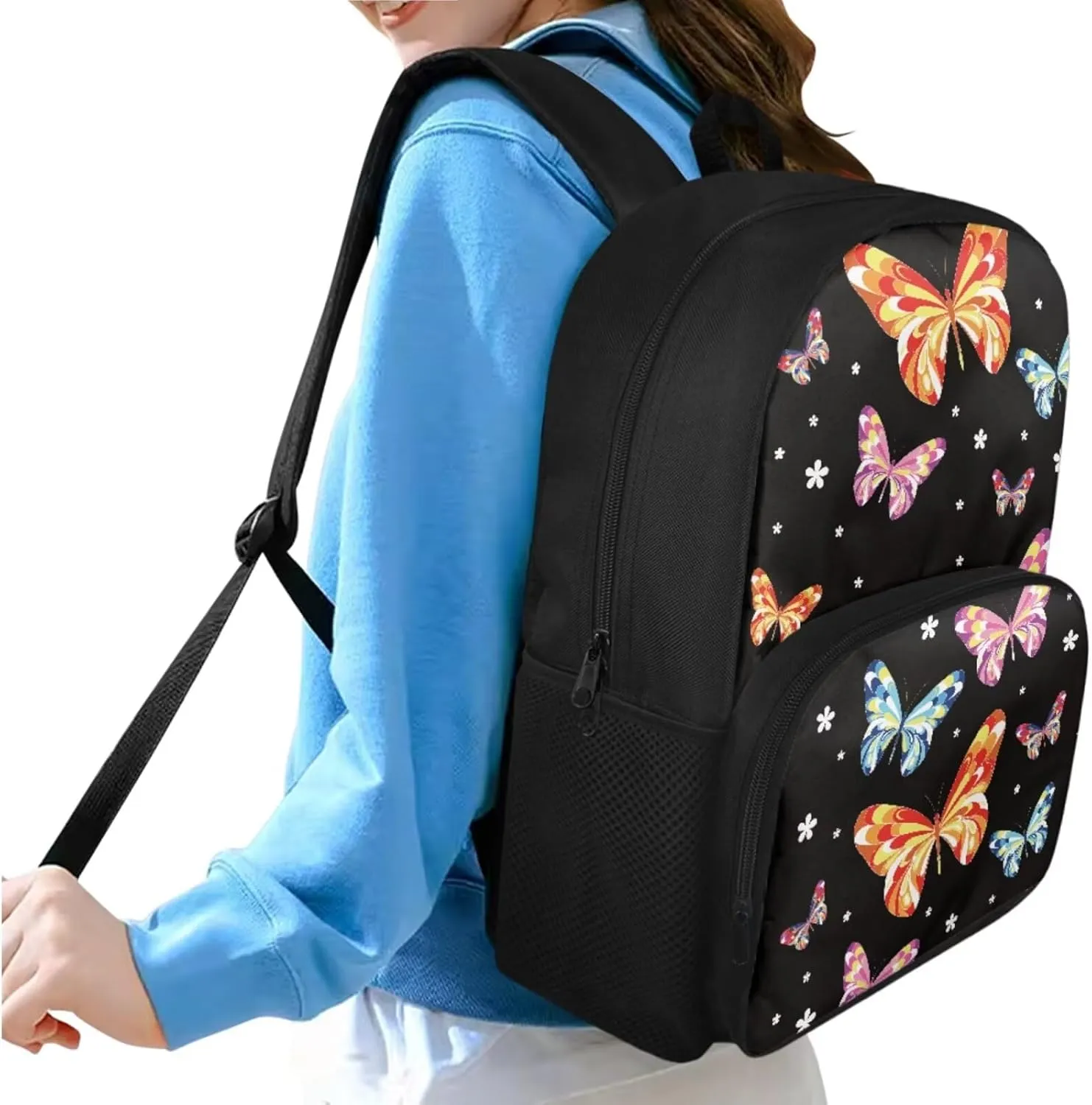 Butterfly Print School Backpack for Girls 8-10 Kids Backpack Set for Boys Lagre Rucksack with Foldable Reusable Lunch Bag Small Pen Case for Secondary Schools