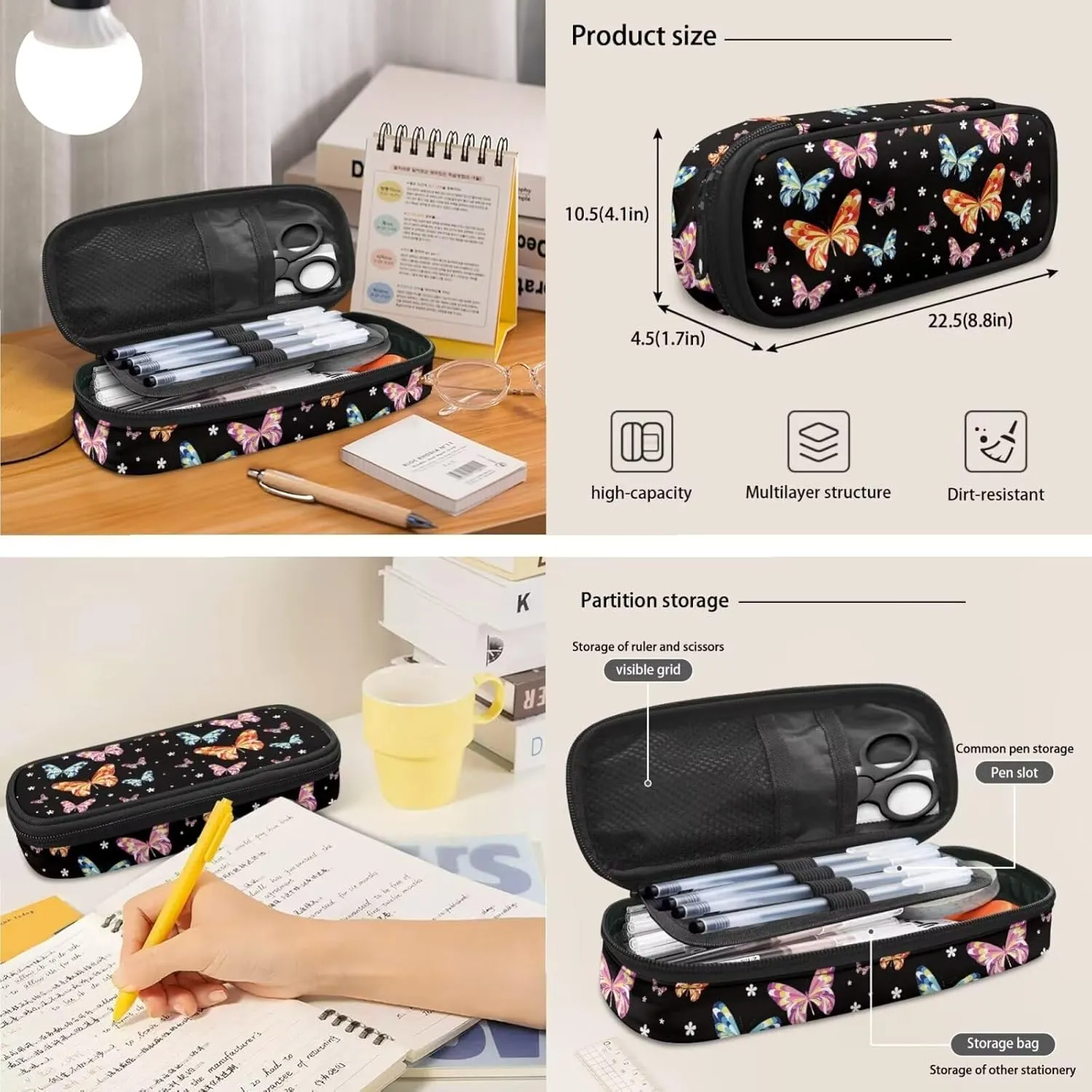 Butterfly Print School Backpack for Girls 8-10 Kids Backpack Set for Boys Lagre Rucksack with Foldable Reusable Lunch Bag Small Pen Case for Secondary Schools
