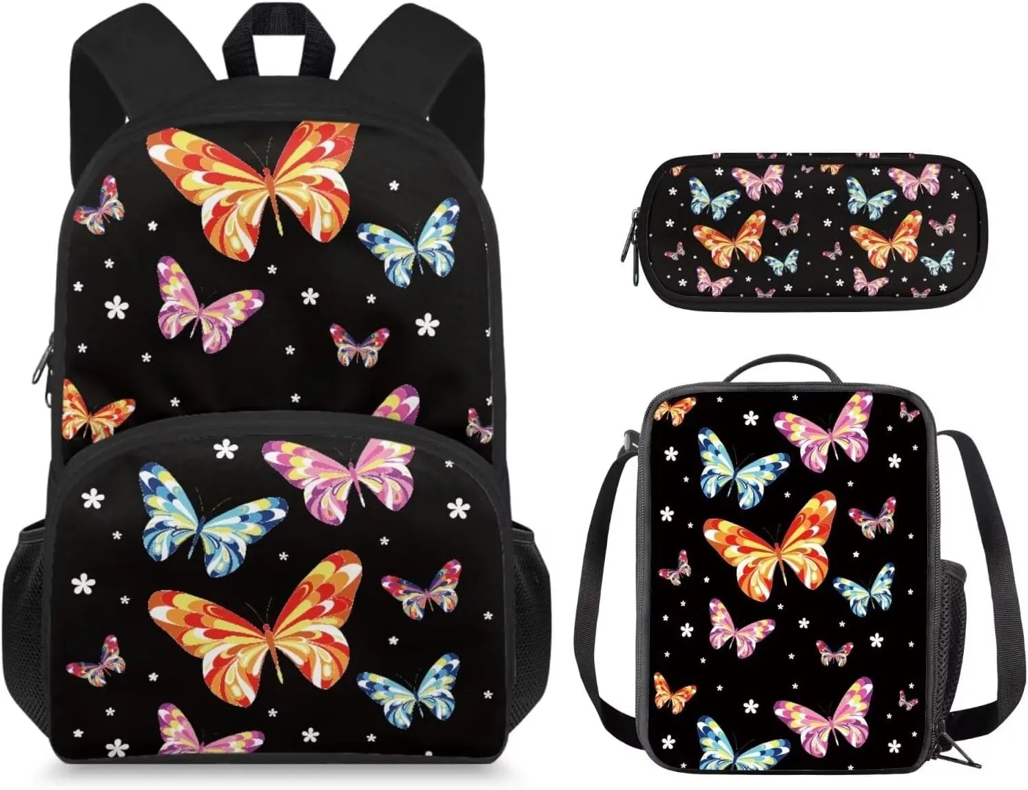 Butterfly Print School Backpack for Girls 8-10 Kids Backpack Set for Boys Lagre Rucksack with Foldable Reusable Lunch Bag Small Pen Case for Secondary Schools