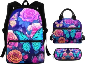 Butterfly Rose 3Pc Backpack Set for Girls Multi-Functional Adjustable Straps Crossbody School Bag Grease Proofing Recycle Food Bag for Travel Work Office Climbing School