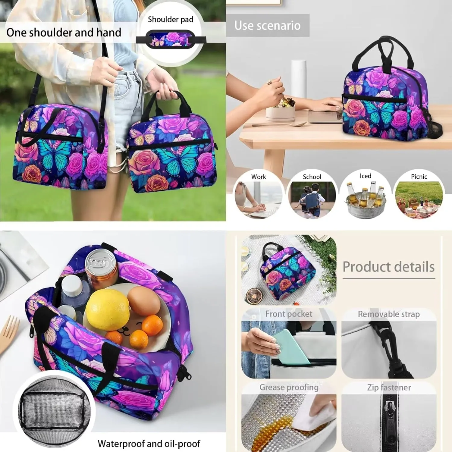 Butterfly Rose 3Pc Backpack Set for Girls Multi-Functional Adjustable Straps Crossbody School Bag Grease Proofing Recycle Food Bag for Travel Work Office Climbing School