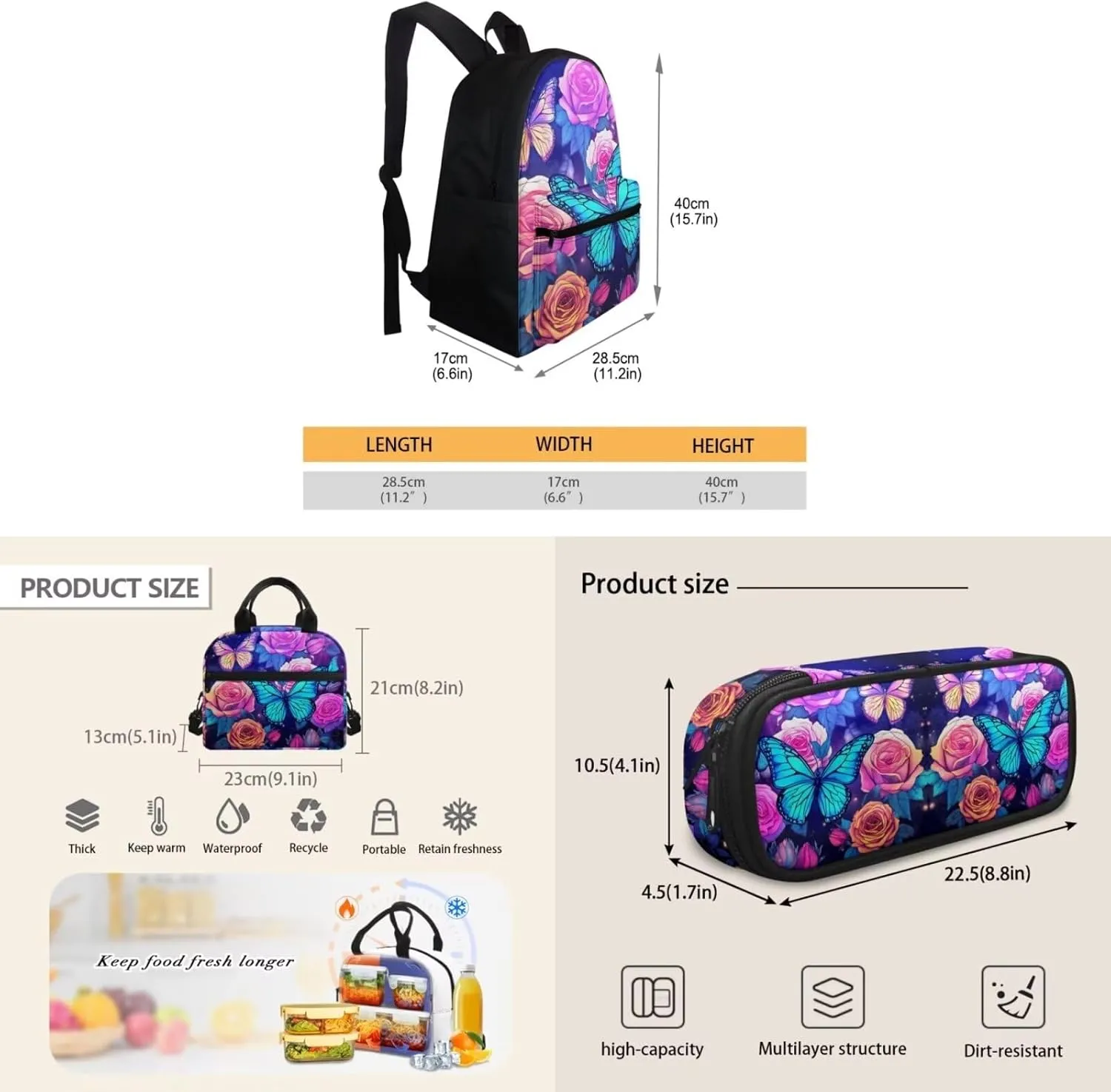 Butterfly Rose 3Pc Backpack Set for Girls Multi-Functional Adjustable Straps Crossbody School Bag Grease Proofing Recycle Food Bag for Travel Work Office Climbing School