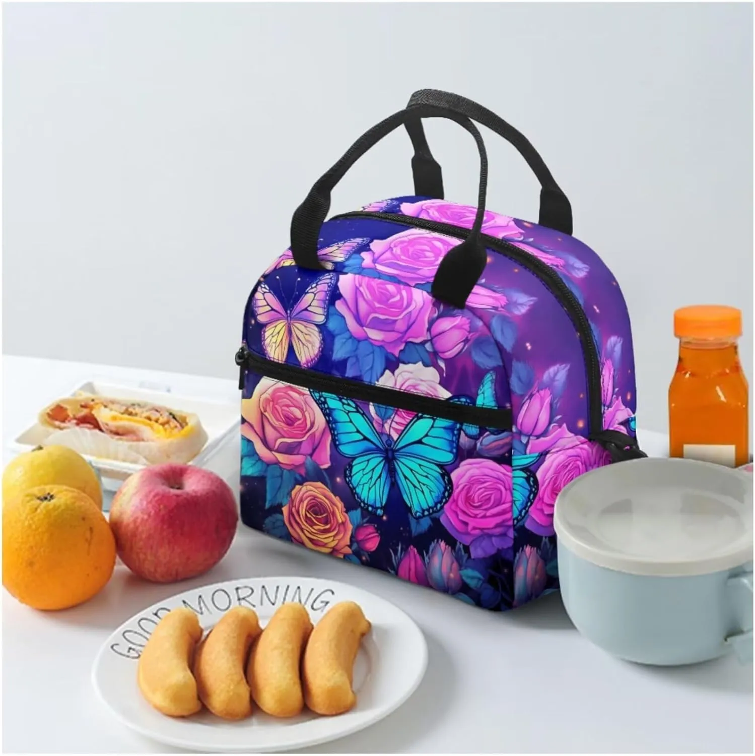 Butterfly Rose 3Pc Backpack Set for Girls Multi-Functional Adjustable Straps Crossbody School Bag Grease Proofing Recycle Food Bag for Travel Work Office Climbing School