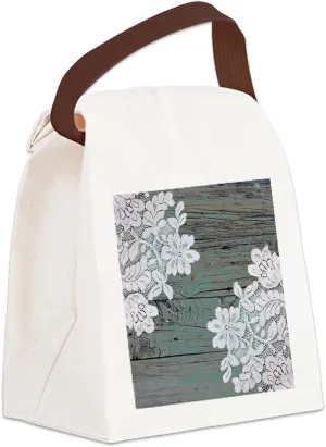 CafePress Primitive Teal Barnwood Lace Canvas Lunch Bag with Strap Handle