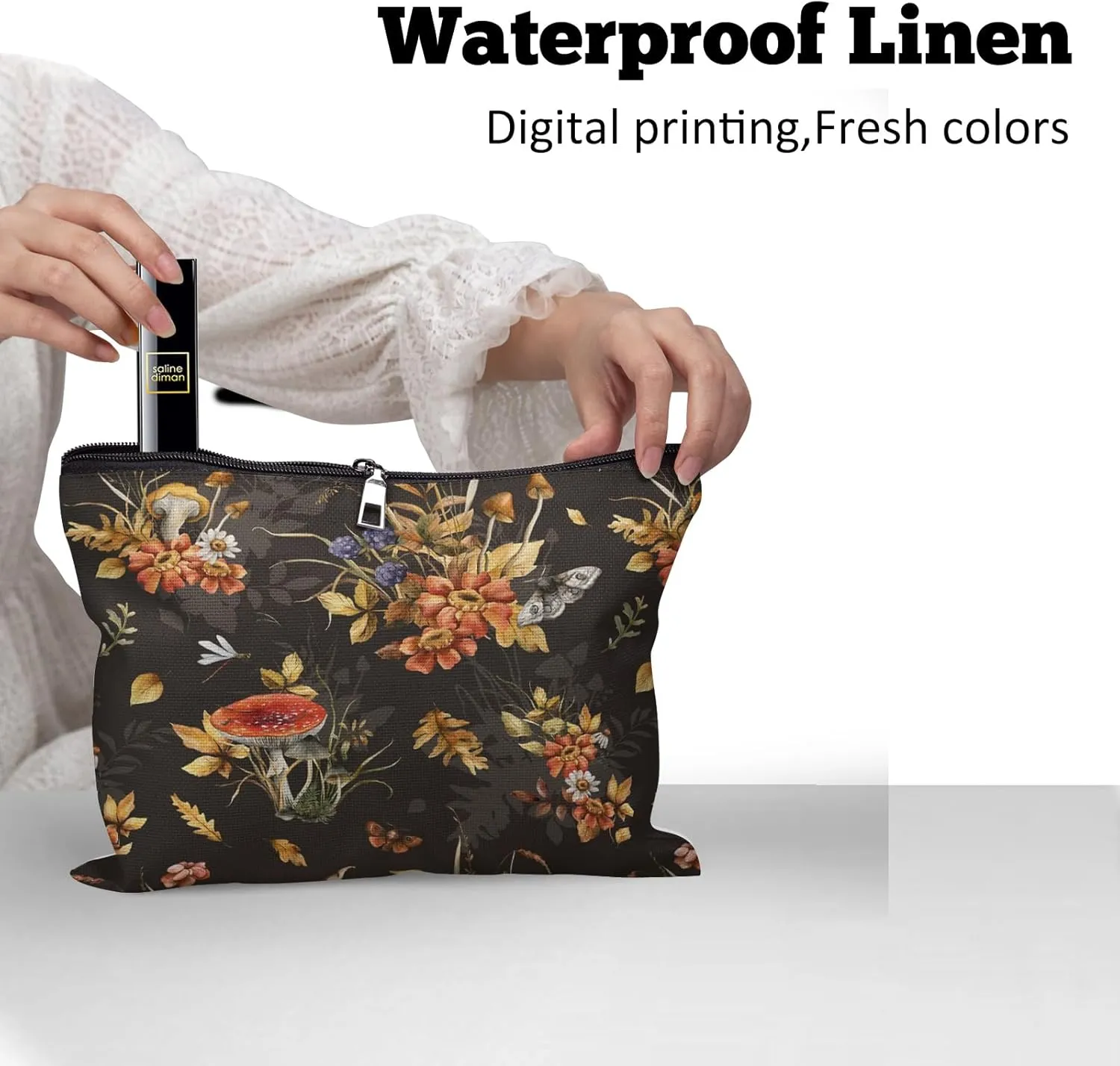 Cafl Autumn Herbs Makeup Bag Mushrooms Cosmetic Bag for Women Large Capacity Make Up Bag Portable Travel Toiletry Pouch Organizer 10 * 8inch