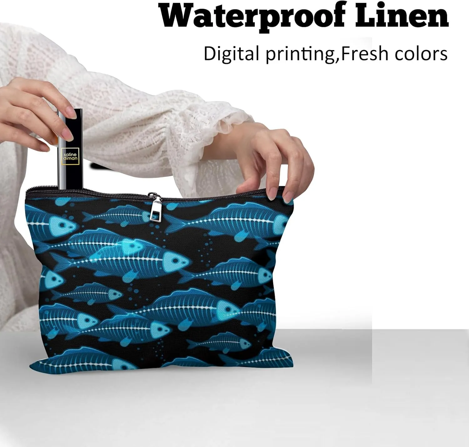Cafl Xray School Fish Makeup Bag Blue Fish Cosmetic Bag for Women Large Capacity Make Up Bag Portable Travel Toiletry Pouch Organizer 10 * 8inch