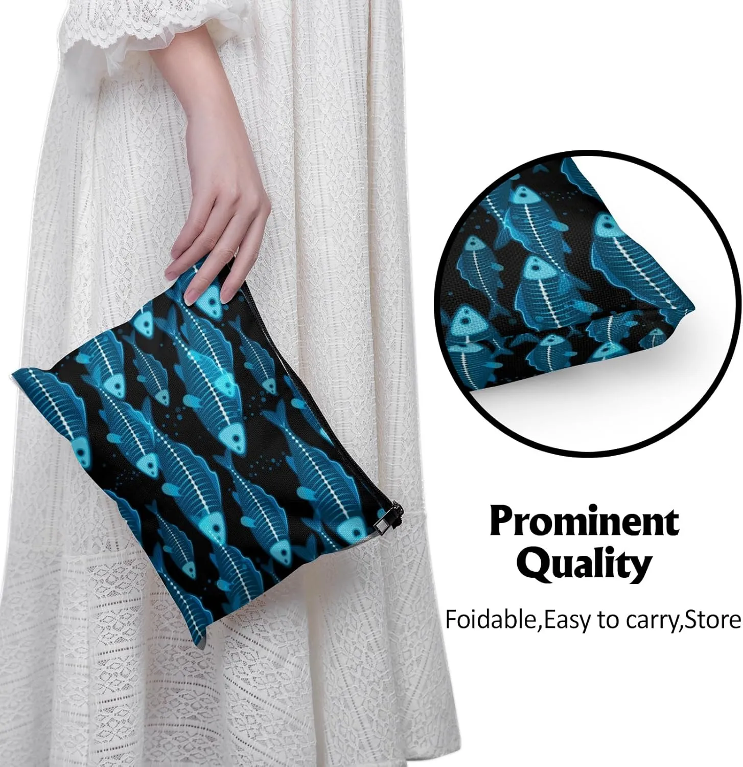 Cafl Xray School Fish Makeup Bag Blue Fish Cosmetic Bag for Women Large Capacity Make Up Bag Portable Travel Toiletry Pouch Organizer 10 * 8inch