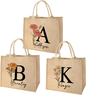callie Personalized Birth Flower Jute Tote Bag with Handles, Custom Monogrammed Large Burlap Tote Bags for Summer Beach Work Travel, Wedding Gifts Bag for Women Bridesmaid
