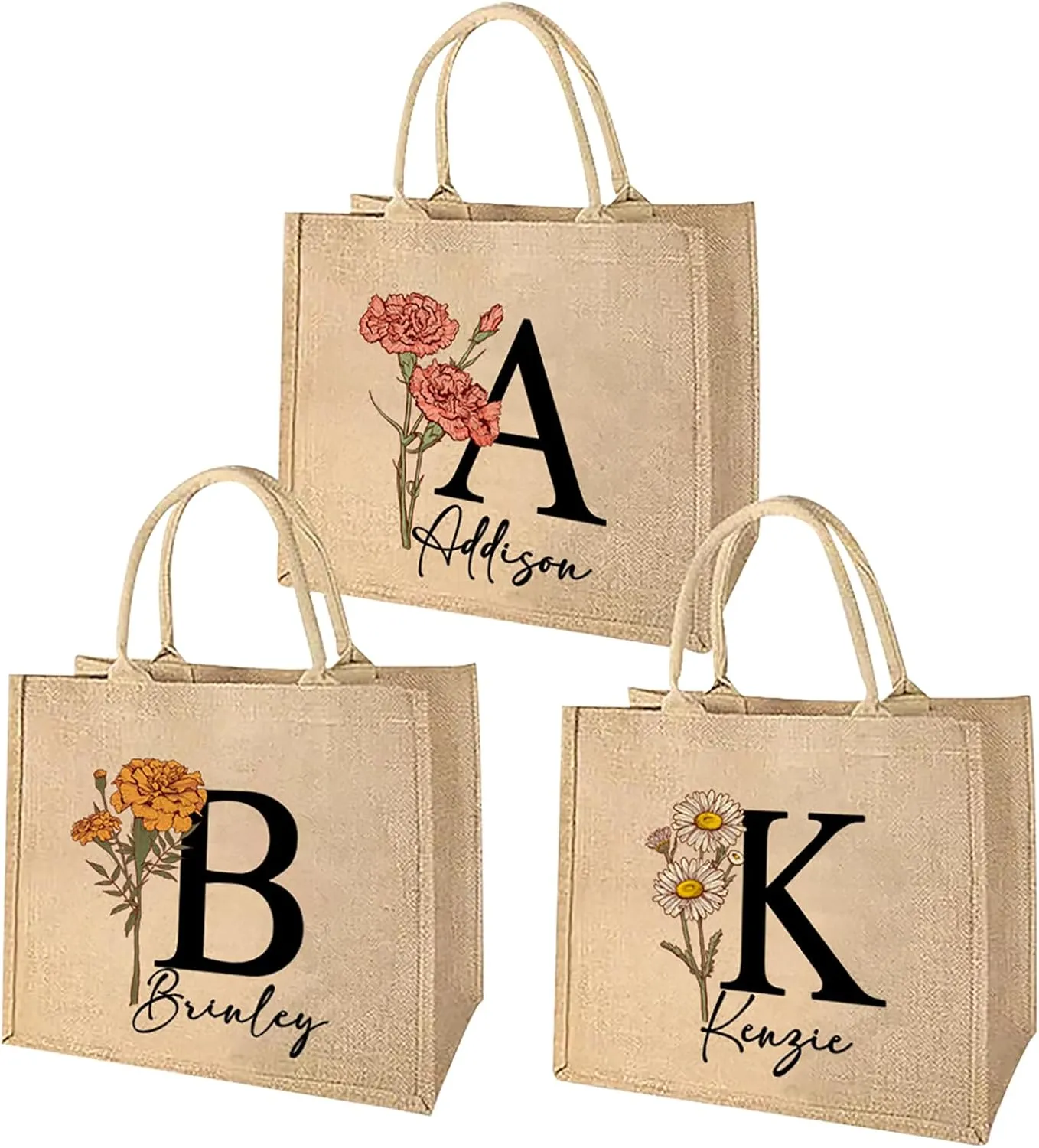 callie Personalized Birth Flower Jute Tote Bag with Handles, Custom Monogrammed Large Burlap Tote Bags for Summer Beach Work Travel, Wedding Gifts Bag for Women Bridesmaid