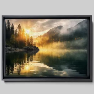 Canvas Beautiful Lake Mountain Range Sunrise Sunset Landscape, Wall Art for Living Room, Autumn Forest National Park Scenery, Nature Scenic Picture Print Artwork Print Decor, Framed print, Wall