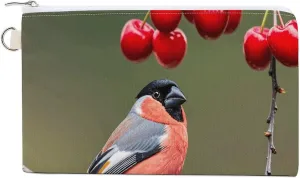 Canvas Change Purse Finch with Cherry Print Small Coin Purse Multi-Function Zipper Coin Pouch Canvas Cosmetic Makeup Bag for Women