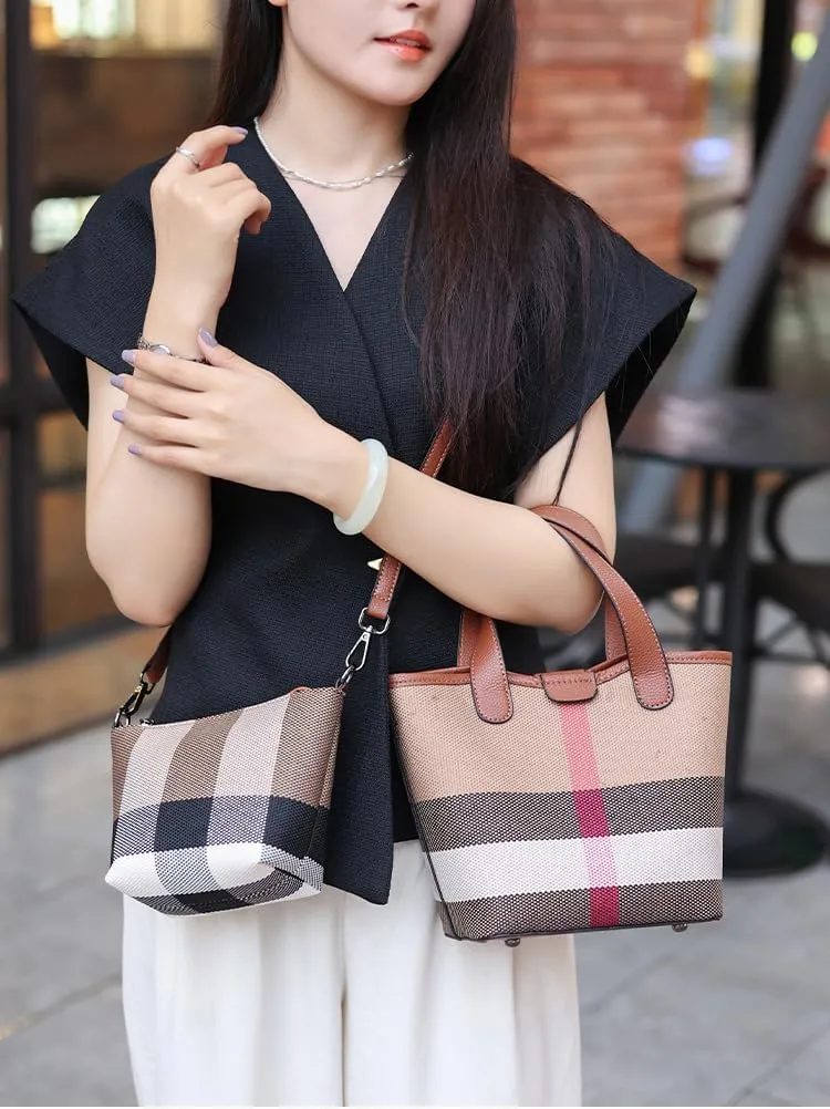 Canvas Genuine Leather Women's Top Handbag, Classic Shoulder Bag, Khaki Sub!