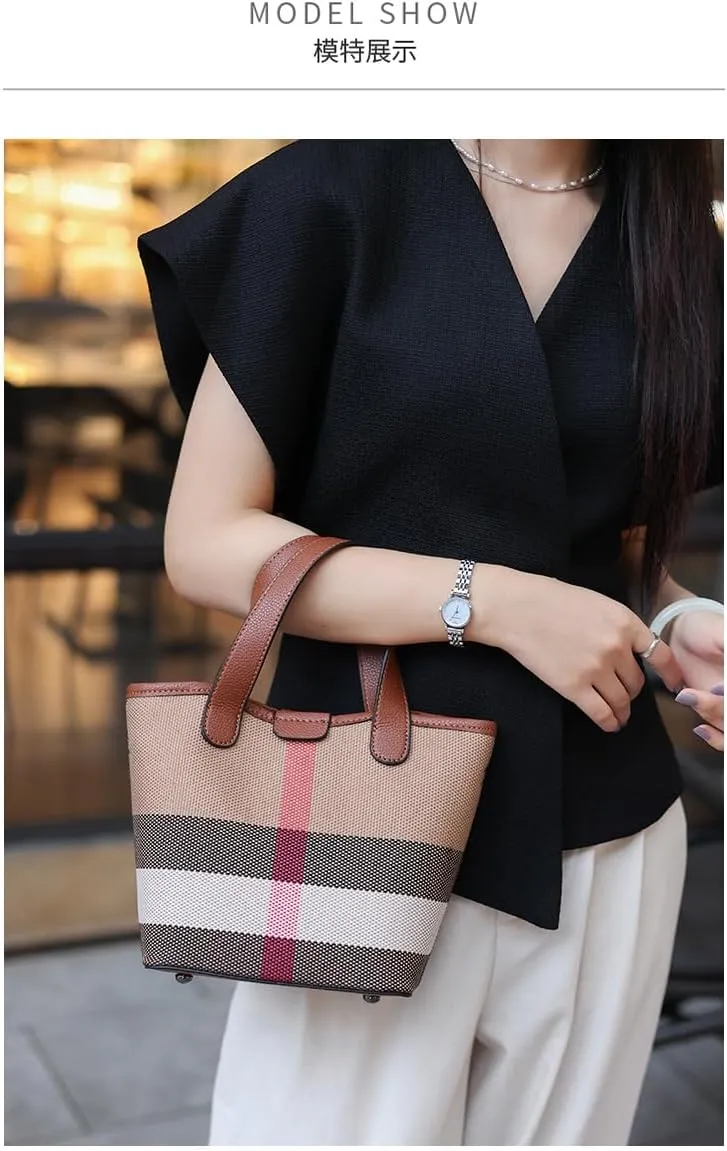 Canvas Genuine Leather Women's Top Handbag, Classic Shoulder Bag, Khaki Sub!