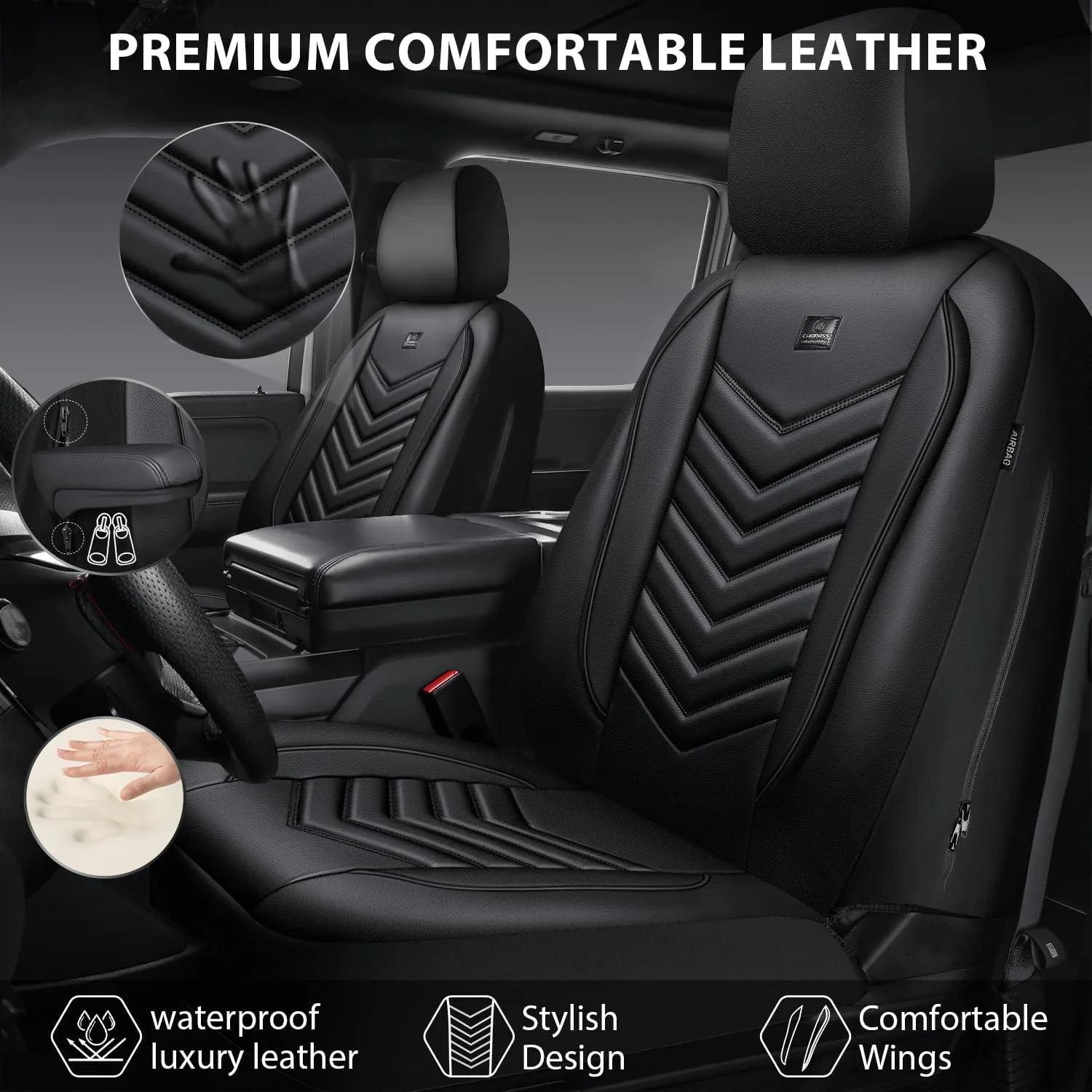 CAR PASS 3D Foam PU Leather Car Seat Covers Front Seats,Waterproof Faux Leather Front Seat Cover for Cars,Luxury Universal Fit Anti-Slip for SUV Truck Sedan Automotive,Armrest Airbag Compatible,Black
