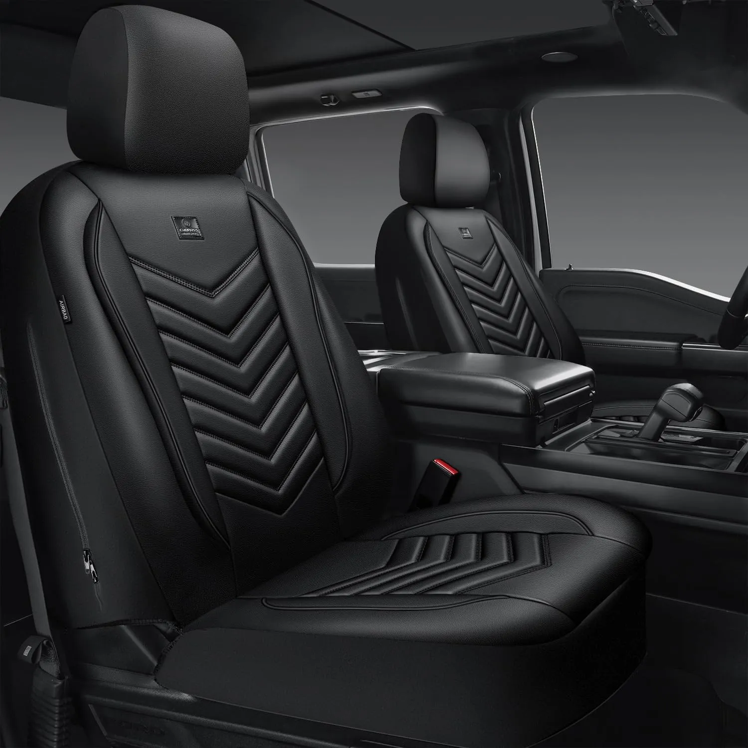 CAR PASS 3D Foam PU Leather Car Seat Covers Front Seats,Waterproof Faux Leather Front Seat Cover for Cars,Luxury Universal Fit Anti-Slip for SUV Truck Sedan Automotive,Armrest Airbag Compatible,Black