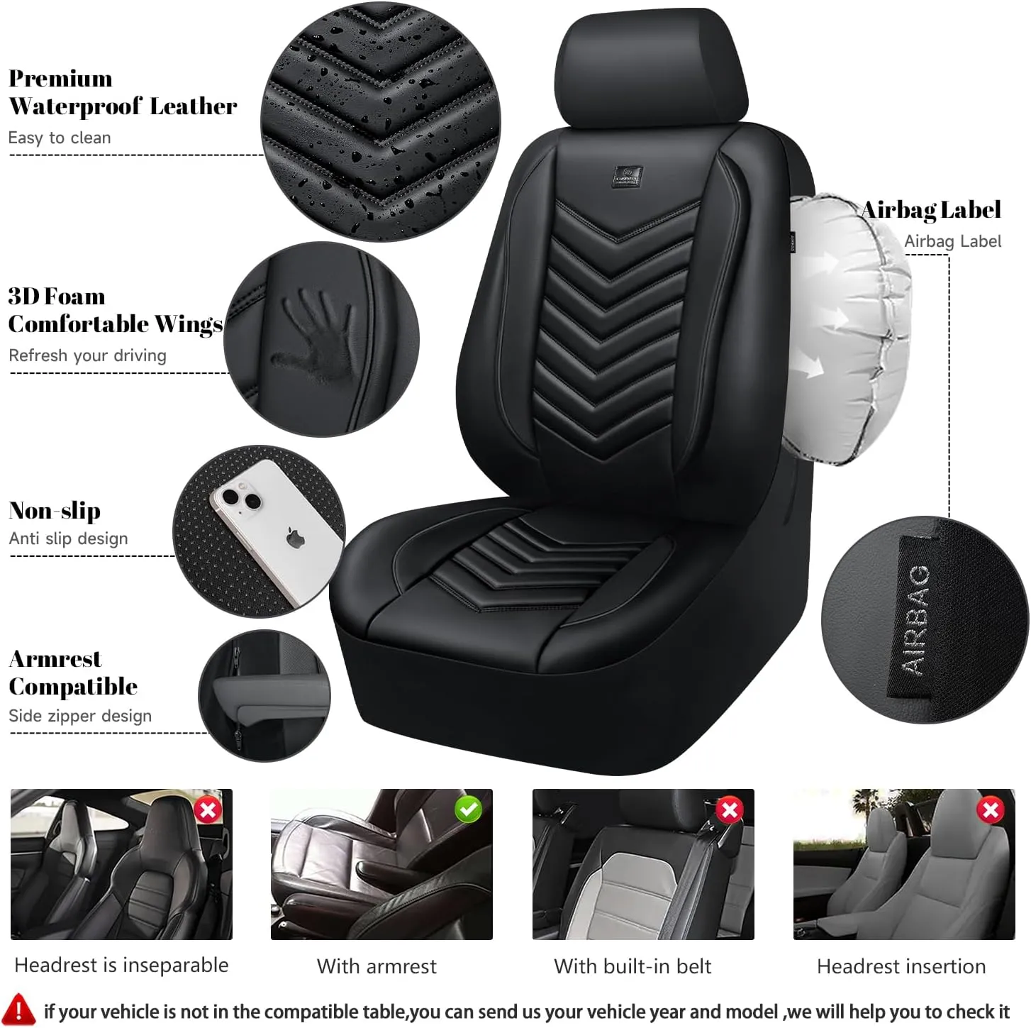 CAR PASS 3D Foam PU Leather Car Seat Covers Front Seats,Waterproof Faux Leather Front Seat Cover for Cars,Luxury Universal Fit Anti-Slip for SUV Truck Sedan Automotive,Armrest Airbag Compatible,Black