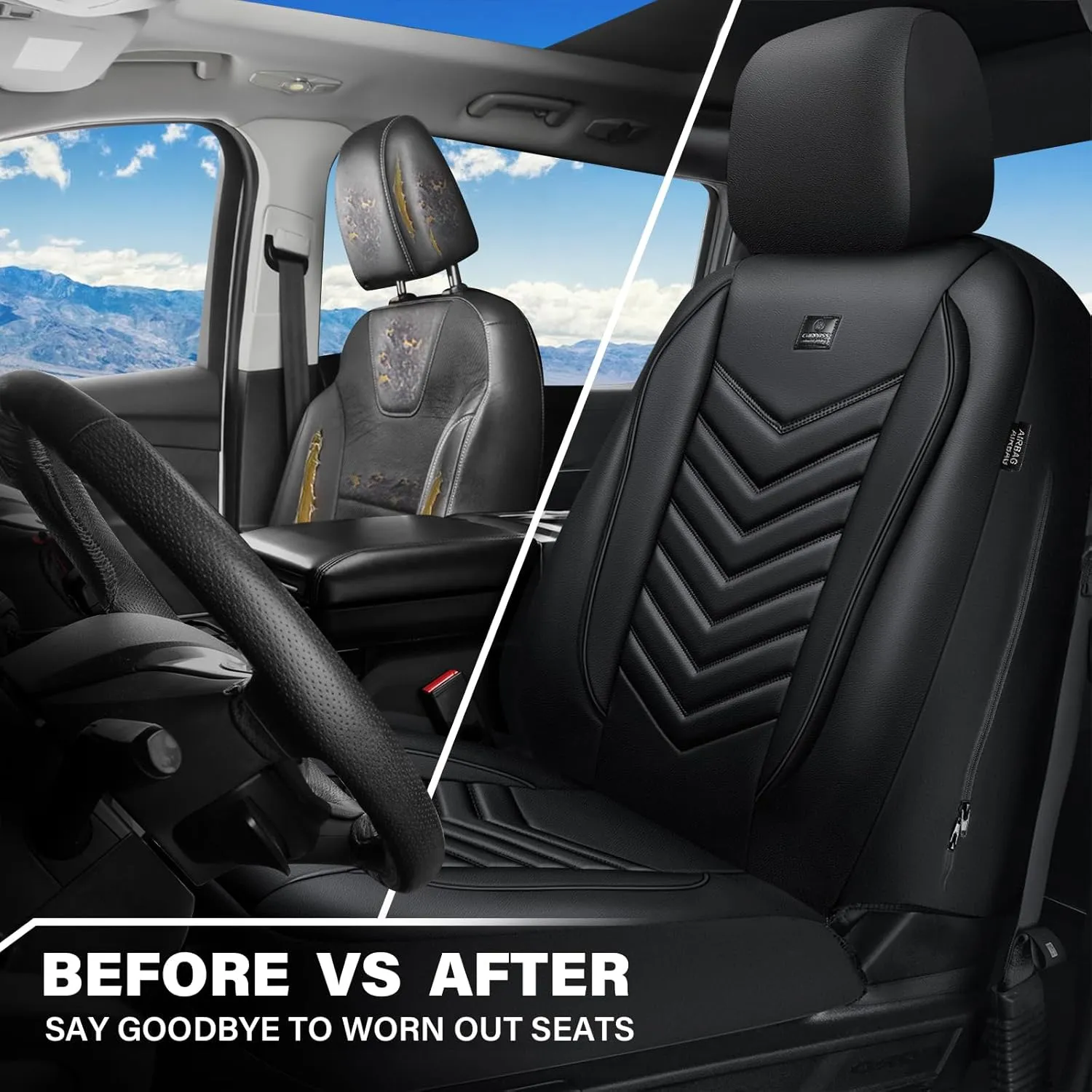 CAR PASS 3D Foam PU Leather Car Seat Covers Front Seats,Waterproof Faux Leather Front Seat Cover for Cars,Luxury Universal Fit Anti-Slip for SUV Truck Sedan Automotive,Armrest Airbag Compatible,Black