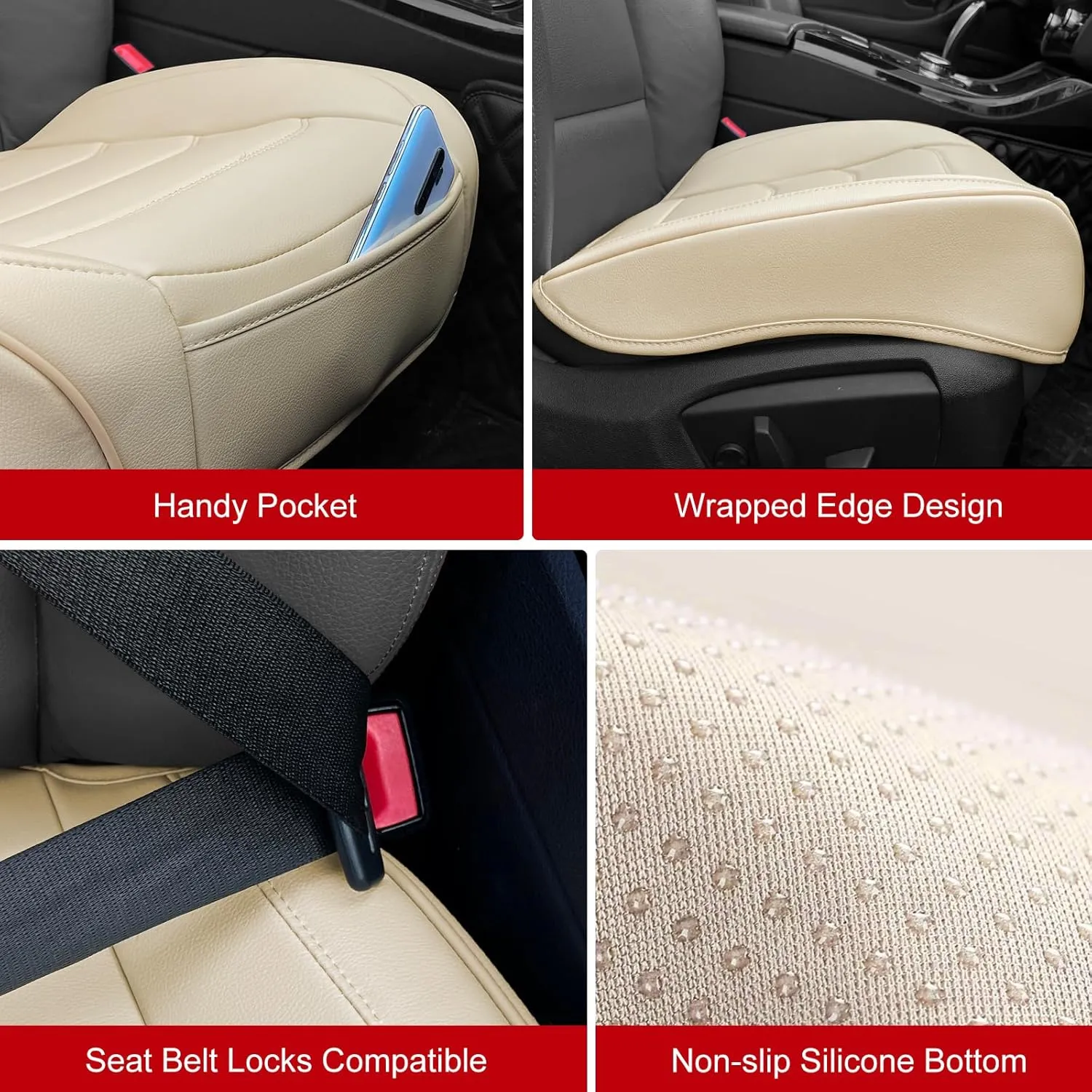 Car Seat Cover for Luxury & Comfort - PU Leather, Anti-Slip, Full Wrap Protection with Storage Pocket for Bottom Cushion - Universal Fit for 95% of Vehicles (Beige,1 Piece)