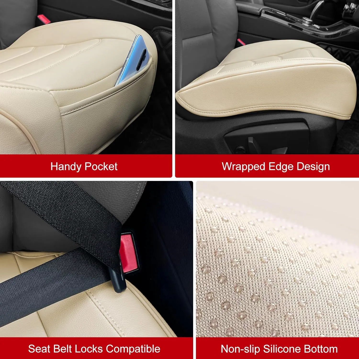 Car Seat Cover for Luxury & Comfort - PU Leather, Anti-Slip, Full Wrap Protection with Storage Pocket for Bottom Cushion - Universal Fit for 95% of Vehicles (Beige,2 Piece)