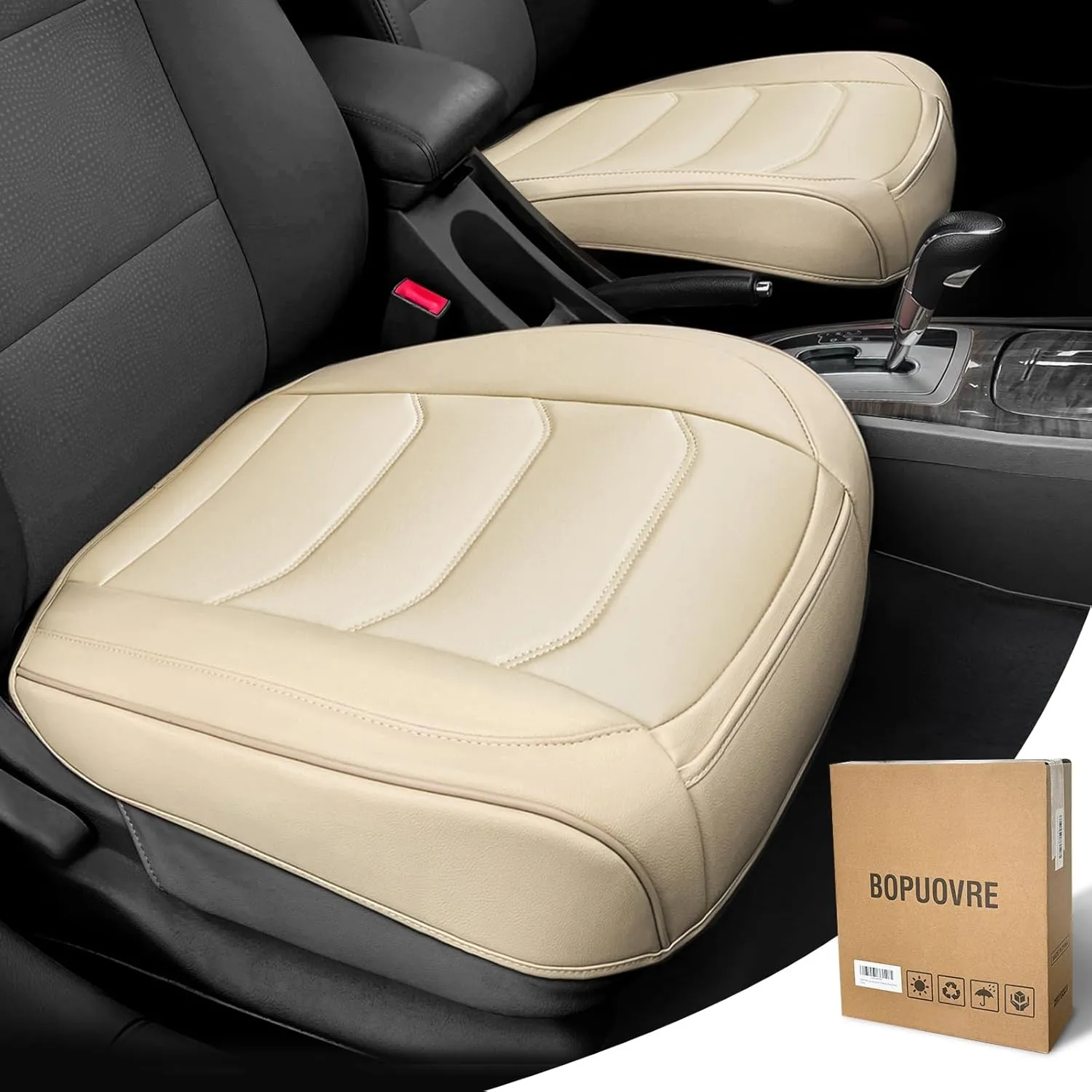 Car Seat Cover for Luxury & Comfort - PU Leather, Anti-Slip, Full Wrap Protection with Storage Pocket for Bottom Cushion - Universal Fit for 95% of Vehicles (Beige,2 Piece)